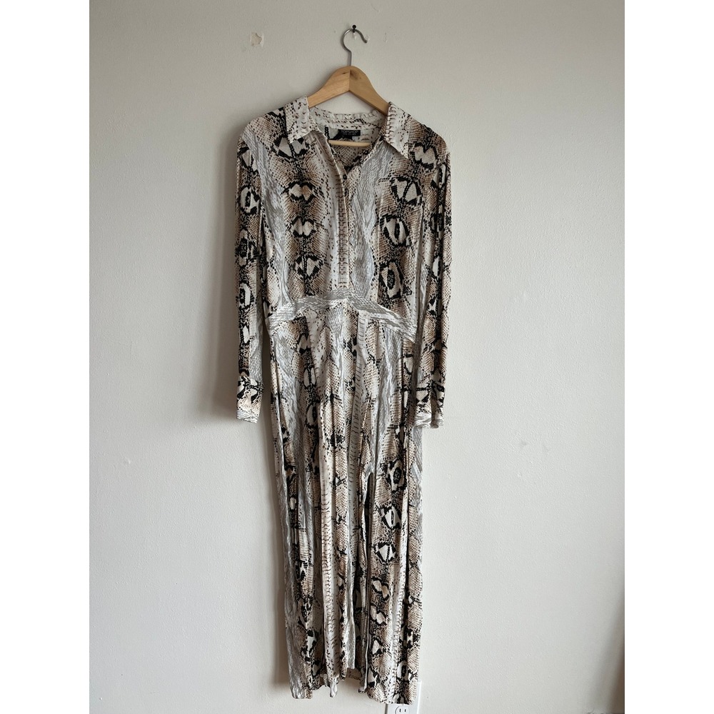 Topshop Snakeskin Print Midi‎ Shirt Dress Tan Cream Mob Luxe High SlitUS 10
